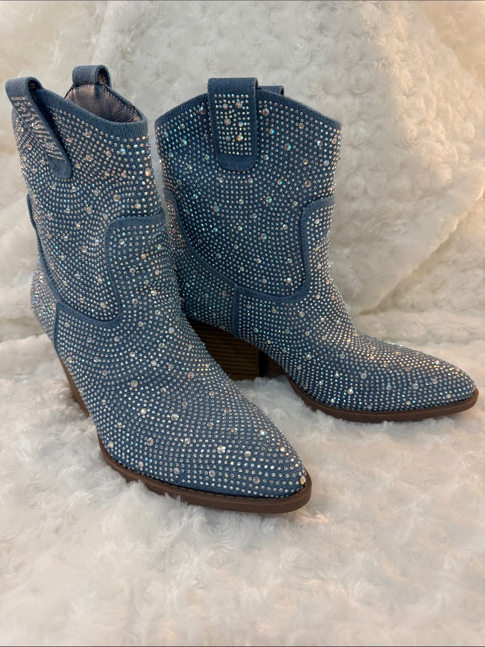 NEW Forever Light Blue Denim Rhinestone Western Ankle Boots 7.5